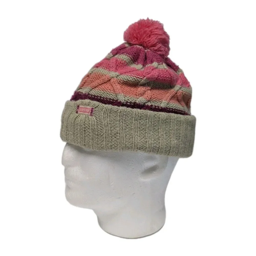 Levi's Beanie Hat Stripes Youth 7-16 Cable Knit Pinks & Beige Pom Pom Ribbed